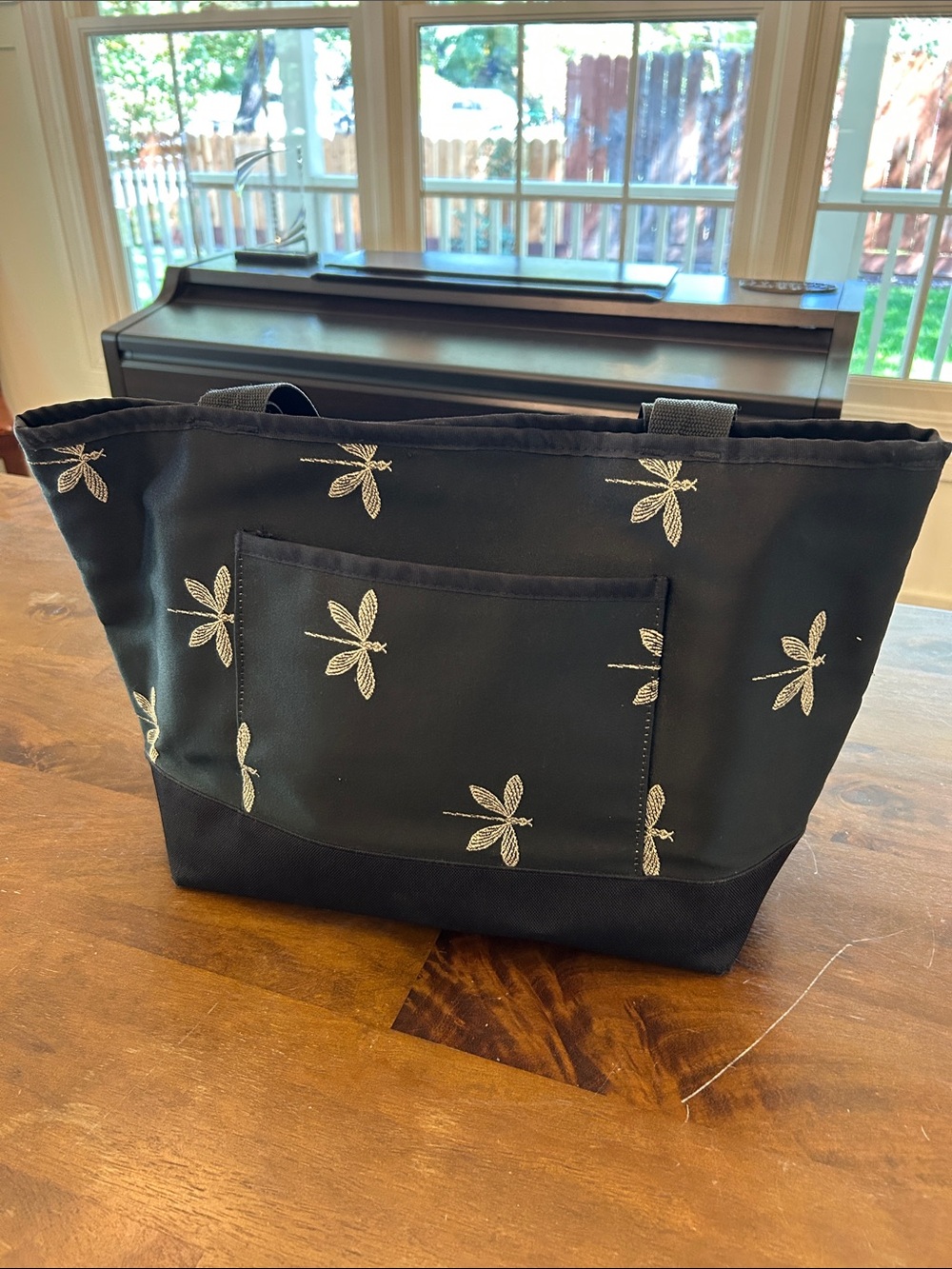 Black Tote Bag with Silver Dragonfly Embroidery